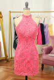 Pink Open Back Halter Lace Tight Short Formal Dress