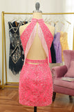 Pink Open Back Halter Lace Tight Short Formal Dress