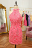 Pink Open Back Halter Lace Tight Short Formal Dress