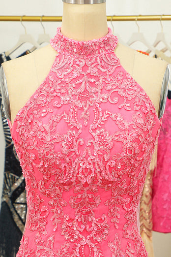 Pink Open Back Halter Lace Tight Short Formal Dress