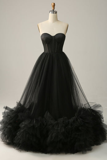 A Line Sweetheart Black Corset Formal Dress with Ruffled