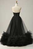 A Line Sweetheart Black Corset Formal Dress with Ruffled