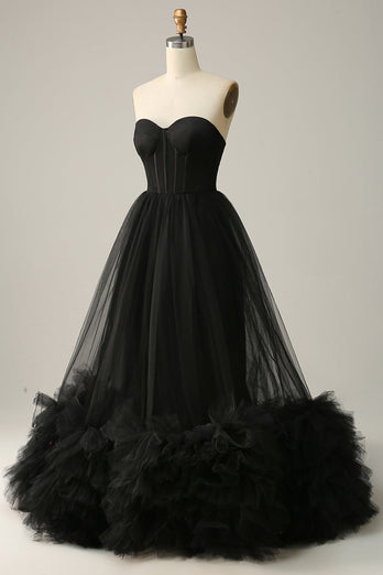 A Line Sweetheart Black Corset Formal Dress with Ruffled