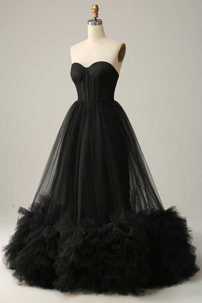 Zapaka Women Black Long Formal Dress A Line Sweetheart Evening Dress ...