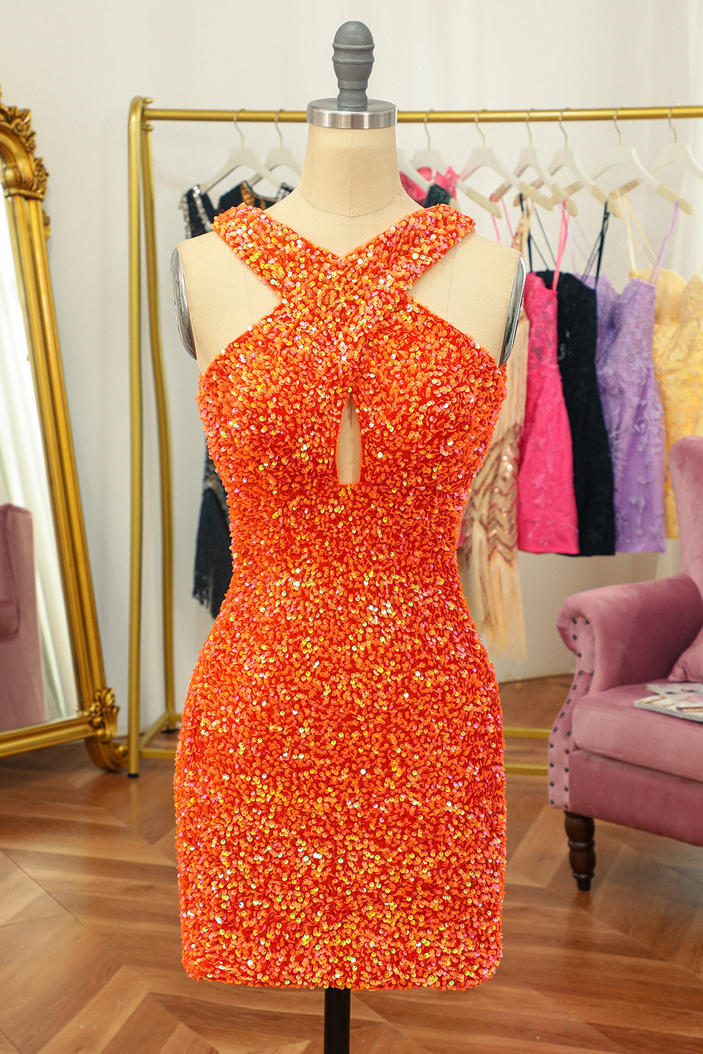 Glitter Red Halter Backless Sequins Tight Short Formal Dress