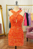 Glitter Red Halter Backless Sequins Tight Short Formal Dress