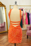 Glitter Red Halter Backless Sequins Tight Short Formal Dress