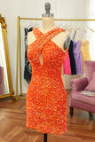 Glitter Red Halter Backless Sequins Tight Short Formal Dress