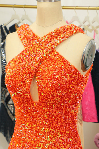 Glitter Red Halter Backless Sequins Tight Short Formal Dress
