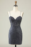 Spaghetti Straps Grey Bodycon Short Formal Dress with Appliques