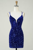 Sheath Royal Blue Sequins Short Homecoming Dress with Criss Cross Back