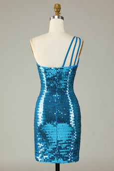 Glitter Royal Blue One Shoulder Sequins Tight Short Formal Dress