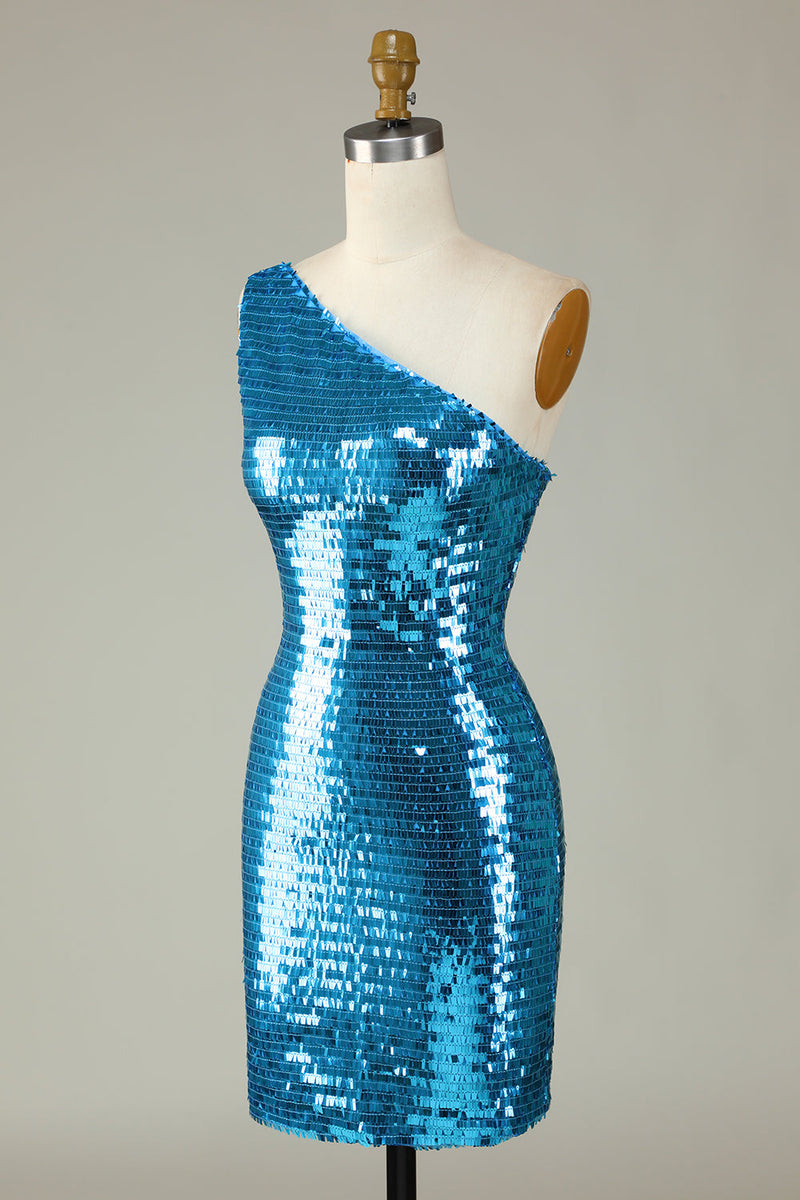 Load image into Gallery viewer, Glitter Royal Blue One Shoulder Sequins Tight Short Formal Dress