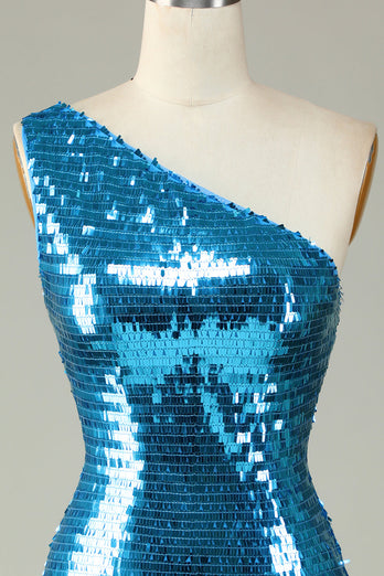 Glitter Royal Blue One Shoulder Sequins Tight Short Formal Dress