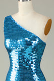 Glitter Royal Blue One Shoulder Sequins Tight Short Formal Dress