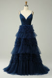 A Line Spaghetti Straps Navy Long Formal Dress with Ruffles