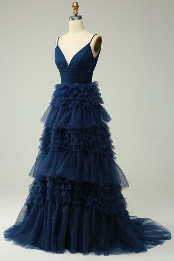 A Line Spaghetti Straps Navy Long Formal Dress with Ruffles