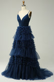 A Line Spaghetti Straps Navy Long Formal Dress with Ruffles