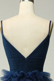 A Line Spaghetti Straps Navy Long Formal Dress with Ruffles