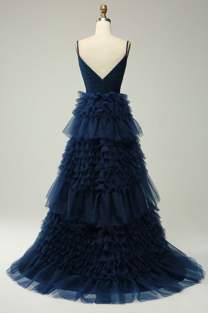 Load image into Gallery viewer, A Line Spaghetti Straps Navy Long Formal Dress with Ruffles
