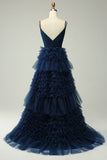 A Line Spaghetti Straps Navy Long Formal Dress with Ruffles