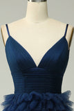 A Line Spaghetti Straps Navy Long Formal Dress with Ruffles