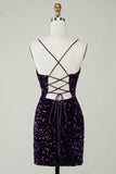 Sparkly Purple Sequins Backless Tight Short Homecoming Dress with Slit