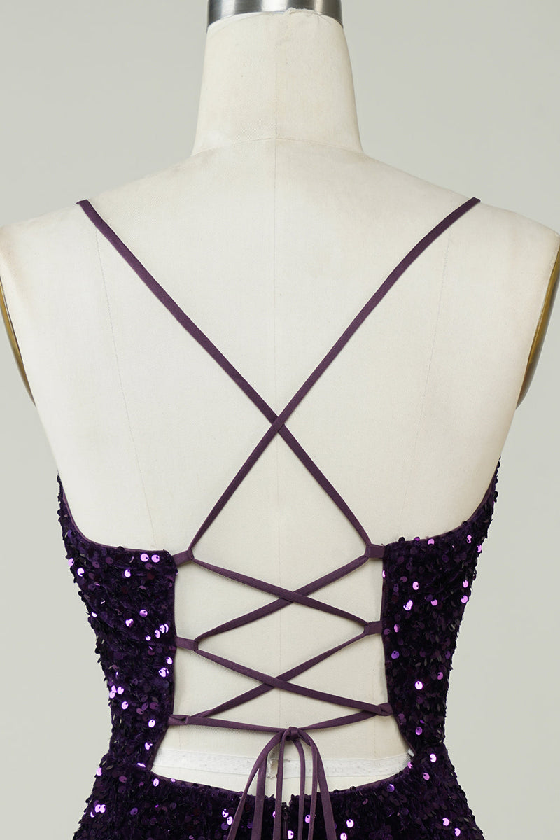 Load image into Gallery viewer, Sparkly Purple Sequins Backless Tight Short Homecoming Dress with Slit