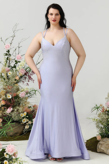 Mermaid Spaghetti Straps Lilac Plus Size Formal Dress with Criss Cross Back