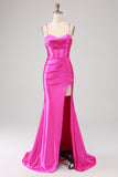 Stunning Mermaid Spaghetti Straps Fuchsia Corset Formal Dress with Split Front