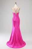 Stunning Mermaid Spaghetti Straps Fuchsia Corset Formal Dress with Split Front