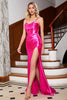 Load image into Gallery viewer, Stunning Mermaid Spaghetti Straps Fuchsia Corset Formal Dress with Split Front