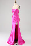 Stunning Mermaid Spaghetti Straps Fuchsia Corset Formal Dress with Split Front