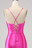 Stunning Mermaid Spaghetti Straps Fuchsia Corset Formal Dress with Split Front