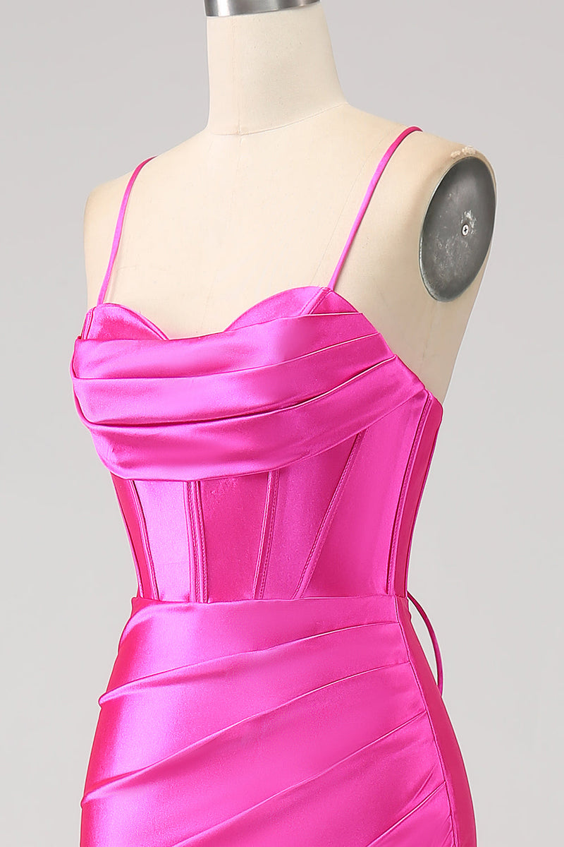 Load image into Gallery viewer, Stunning Mermaid Spaghetti Straps Fuchsia Corset Formal Dress with Split Front
