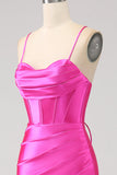 Stunning Mermaid Spaghetti Straps Fuchsia Corset Formal Dress with Split Front