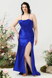 Sheath Spaghetti Straps Royal Blue Plus Size Formal Dress with Split Front