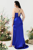 Sheath Spaghetti Straps Royal Blue Plus Size Formal Dress with Split Front