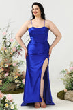 Sheath Spaghetti Straps Royal Blue Plus Size Formal Dress with Split Front