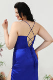 Sheath Spaghetti Straps Royal Blue Plus Size Formal Dress with Split Front