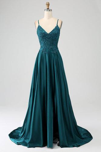 Peacock Green A-Line Spaghetti Straps Long Formal Dress with Slit