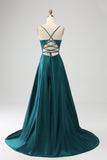 Peacock Green A-Line Spaghetti Straps Long Formal Dress with Slit