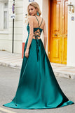 Trendy A Line Spaghetti Straps Peacock Green Long Formal Dress with Appliques