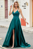 Trendy A Line Spaghetti Straps Peacock Green Long Formal Dress with Appliques