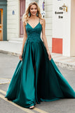 Trendy A Line Spaghetti Straps Peacock Green Long Formal Dress with Appliques