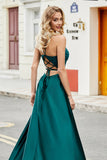 Trendy A Line Spaghetti Straps Peacock Green Long Formal Dress with Appliques