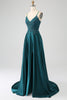 Load image into Gallery viewer, Peacock Green A-Line Spaghetti Straps Long Formal Dress with Slit