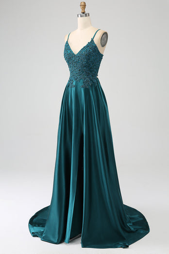 Peacock Green A-Line Spaghetti Straps Long Formal Dress with Slit