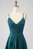 Load image into Gallery viewer, Peacock Green A-Line Spaghetti Straps Long Formal Dress with Slit