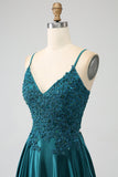 Peacock Green A-Line Spaghetti Straps Long Formal Dress with Slit